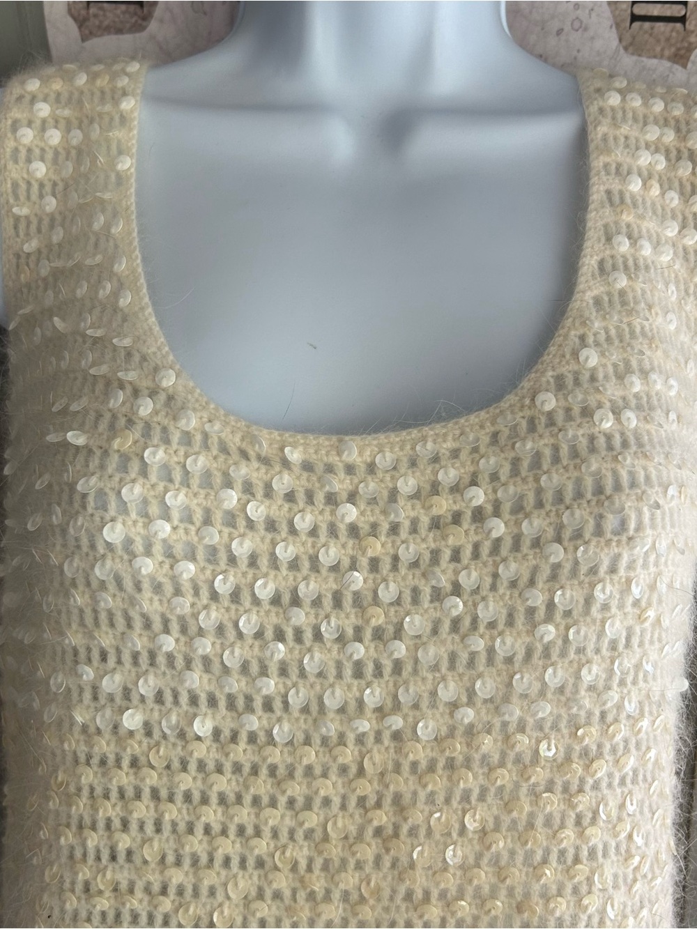 NWT WOMYN Ivory Sweater Knit Dress Sequins Sleeveless Lambs’ Wool & Angora Sz L - Picture 2 of 8